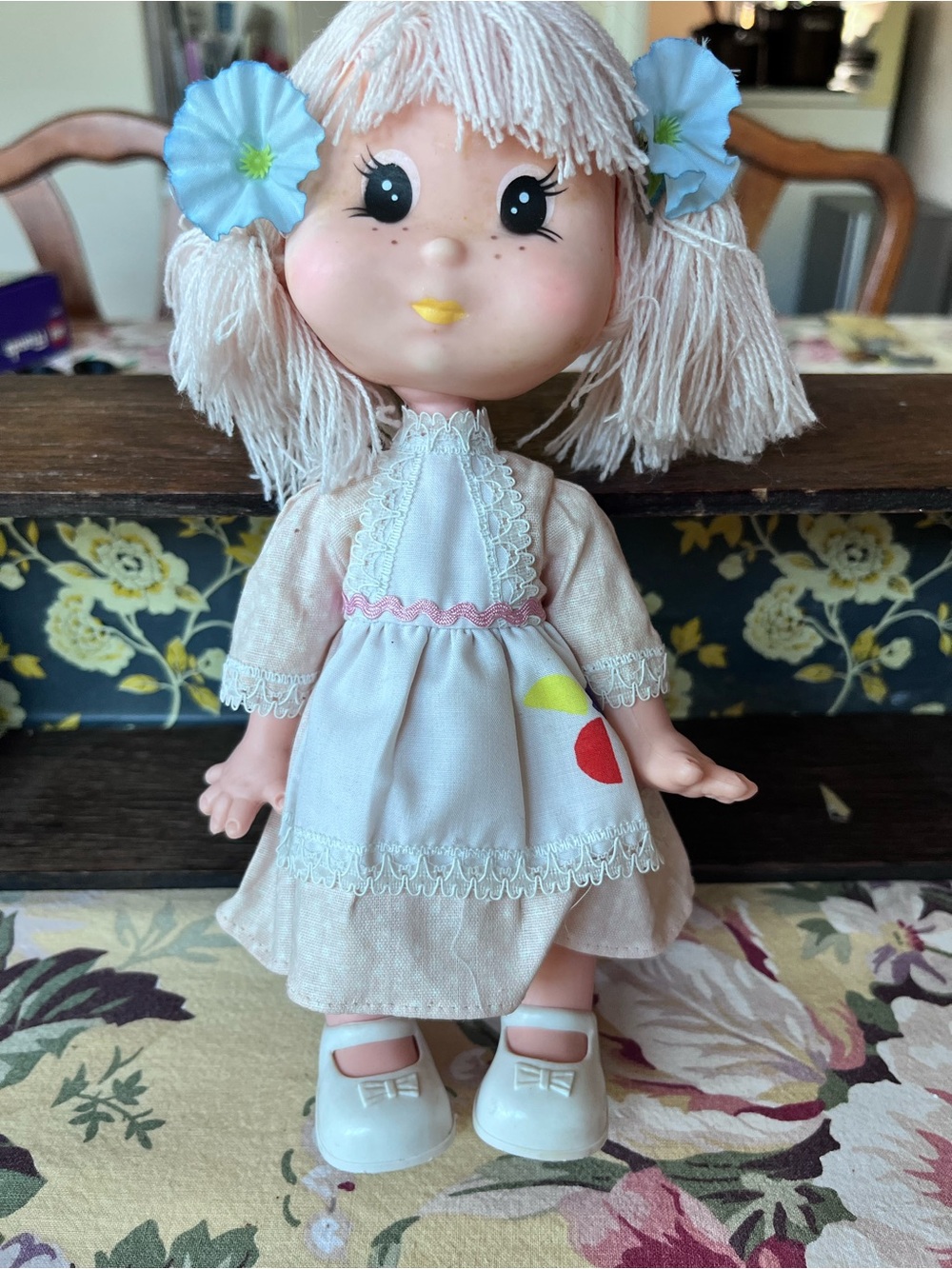 70’s Eugene Doll - pink yarn hair with blue flowers